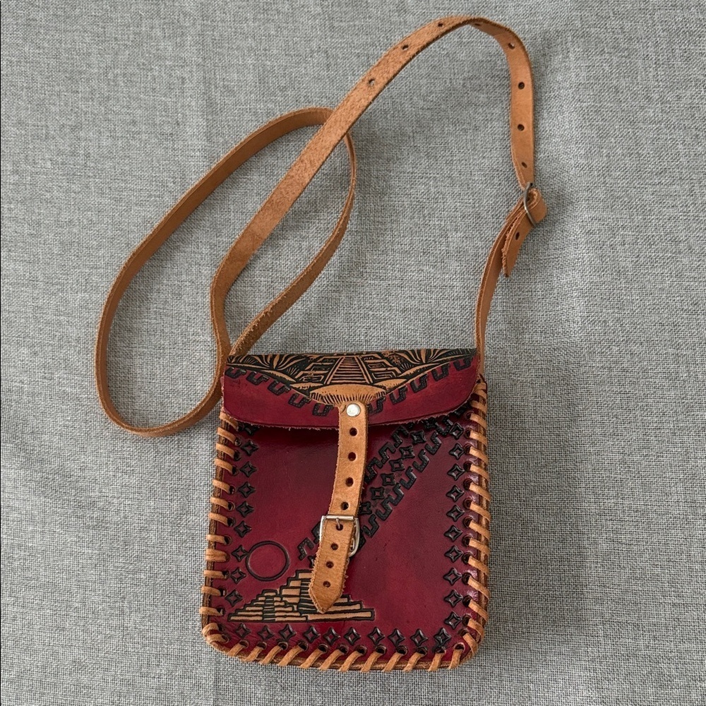 Handcrafted Leather Crossbody Bag - Red and Tan